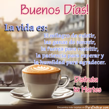 Tarjeta para dedicar: Buenos Días! La vida es: El milagro de existir, Disfruta tu Martes.