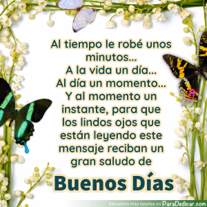Tarjeta para dedicar: Al tiempo le robé unos minutos... A la vida un día... Al día un momento... Buenos Días