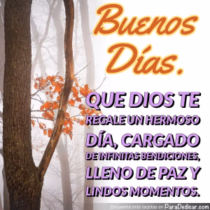 Tarjeta para dedicar: Buenos Días. Que Dios te regale un hermoso día, cargado de infinitas bendiciones, lleno de paz y lindos momentos.