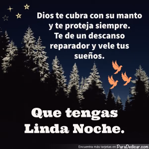 Tarjeta para dedicar: Dios te cubra con su manto y te proteja siempre. Te de un descanso reparador y vele tus sueños. Que tengas Linda Noche.