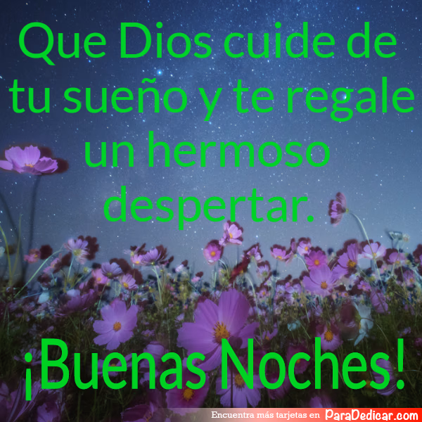 Tarjeta para dedicar: Que Dios cuide de tu sueño y te regale un hermoso despertar. Buenas Noches