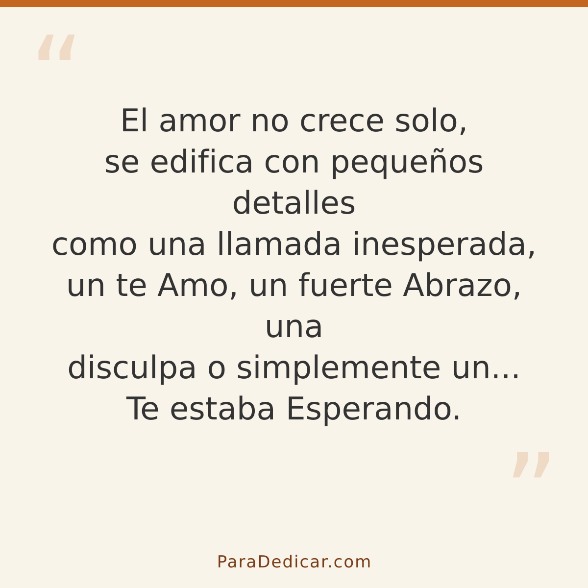 Frase para dedicar: El amor no crece solo, se edifica con pequeños detalles como una llamada inesperada, un te Amo, un fuerte Abrazo, una di…