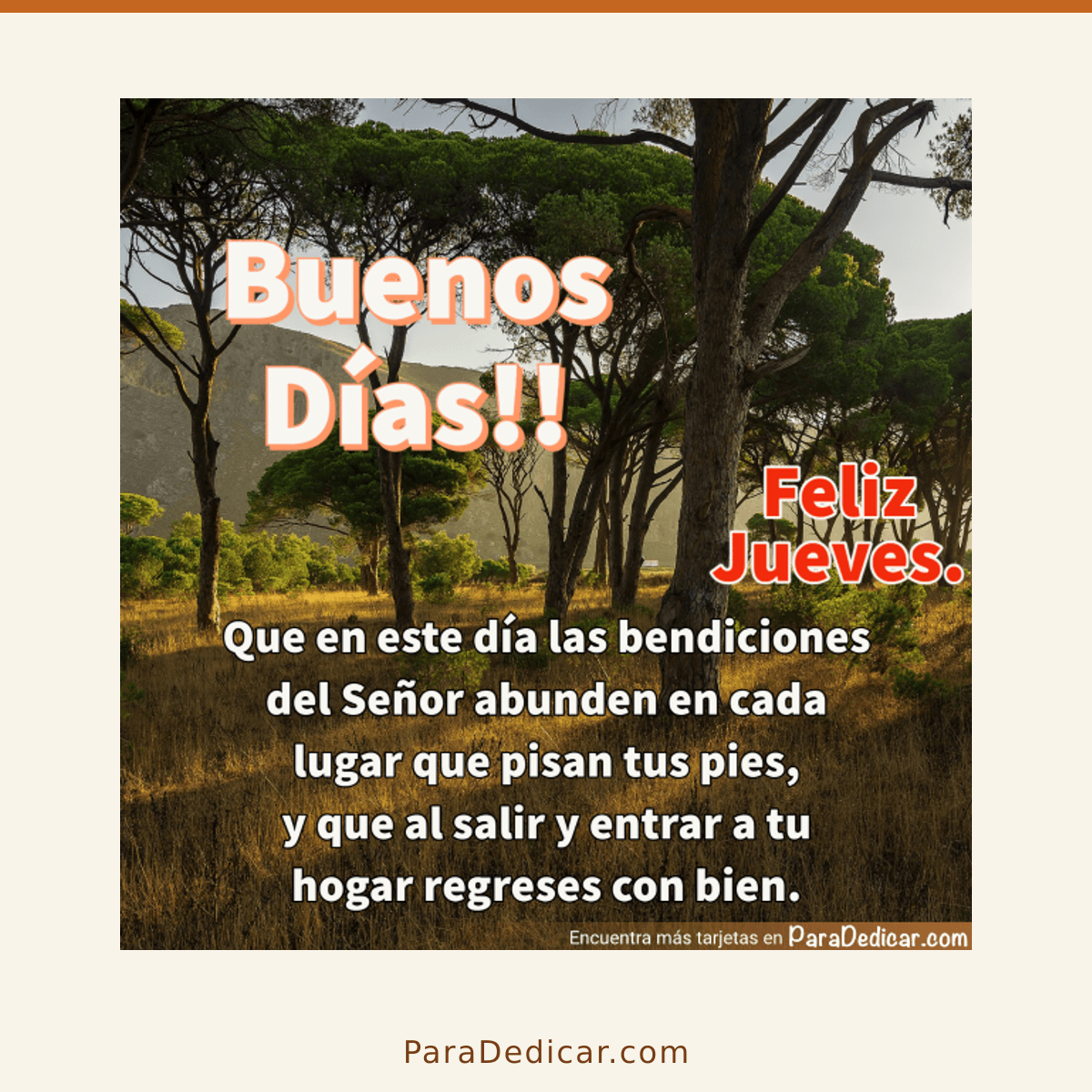 Tarjeta para dedicar: Buenos Días!! Feliz Jueves. Que en este día las bendiciones del Señor abunden en cada lugar que pisan tus pies, y que al…