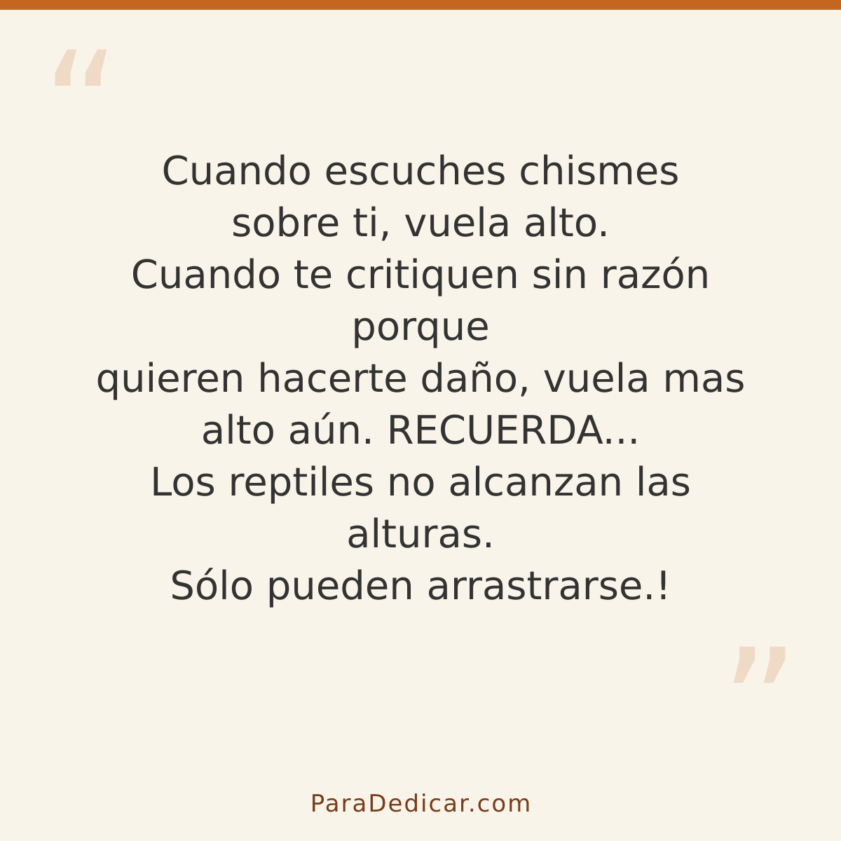 Frase para dedicar: Cuando escuches chismes sobre ti, vuela alto. Cuando te critiquen sin razón porque quieren hacerte daño, vuela mas alto…